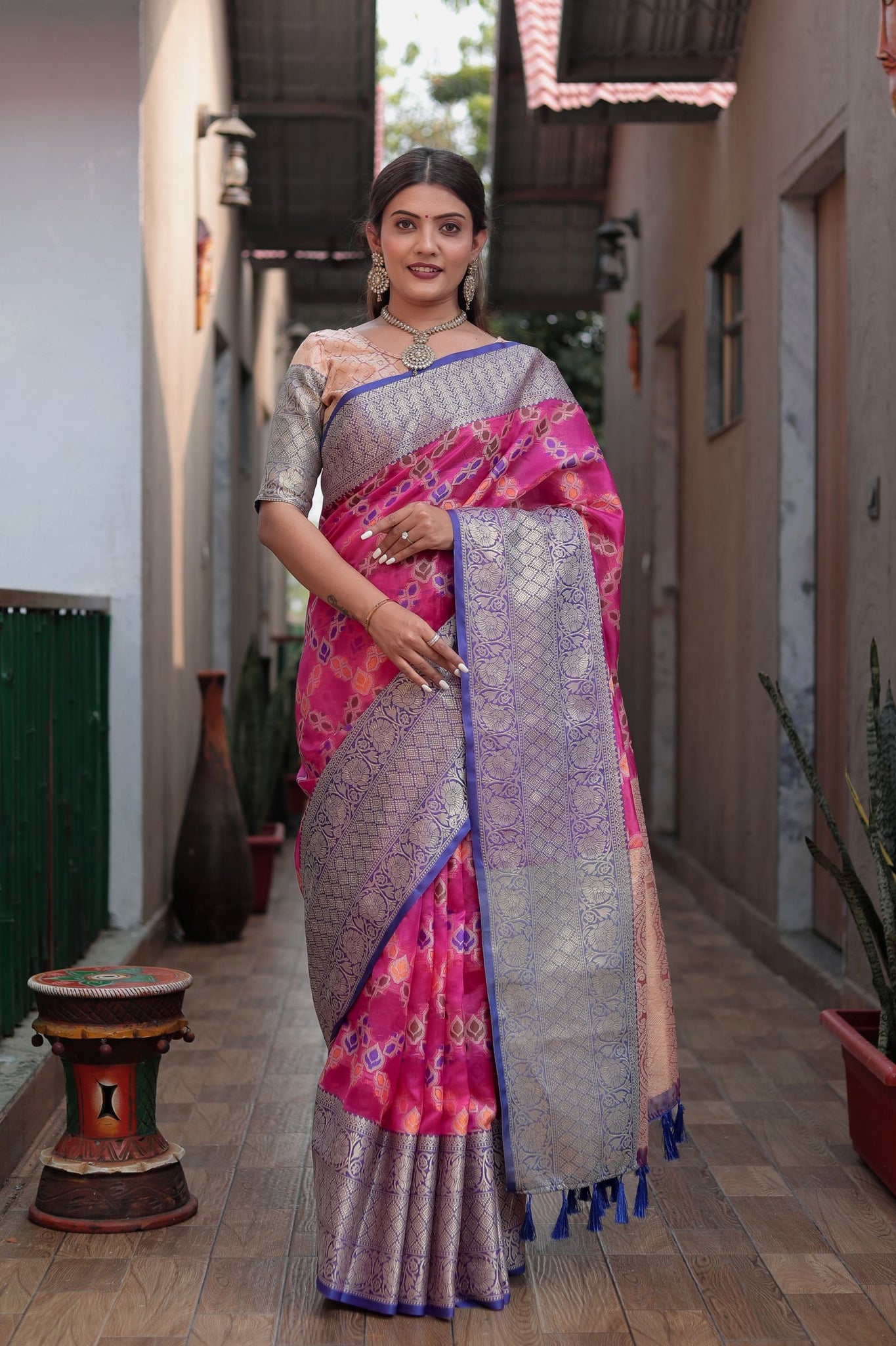 Hot Pink Banarasi Katan Silk Saree with Silver Zari