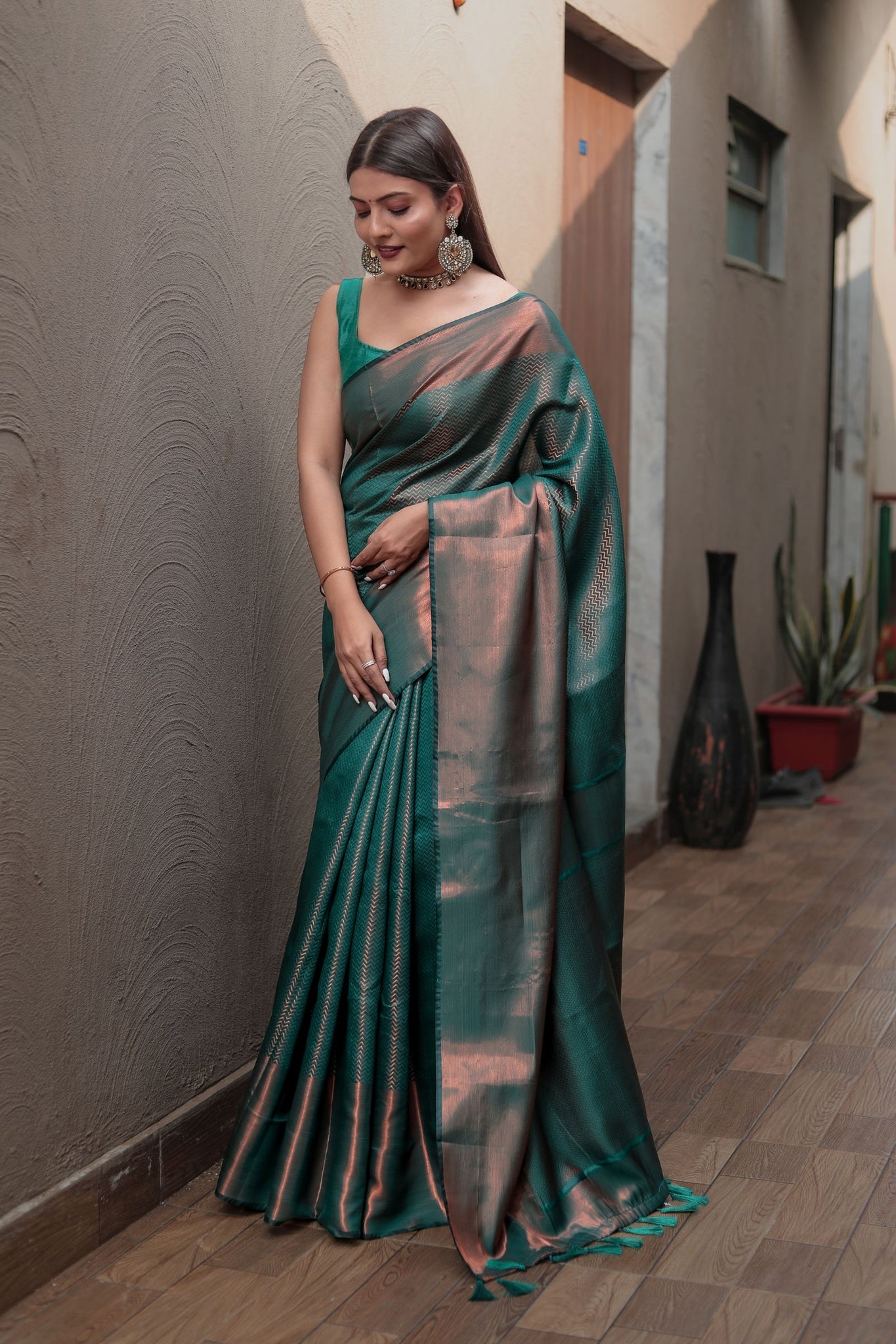 Teal Blue Kanjivaram Silk Saree with Copper Zari Weave