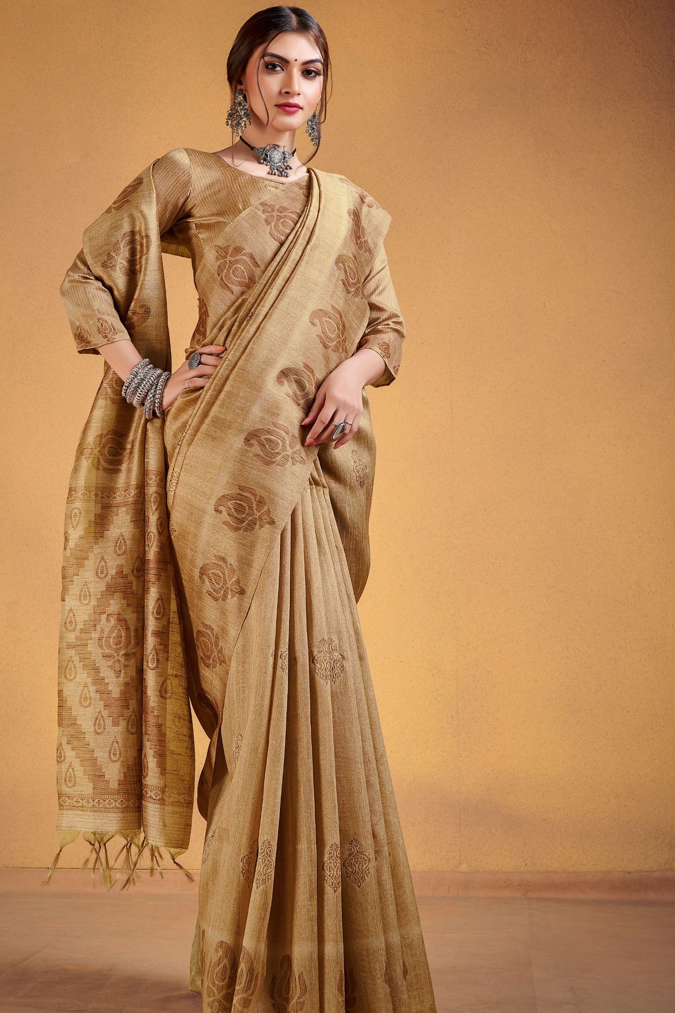 Tan Brown Cotton Saree with Traditional Pattern