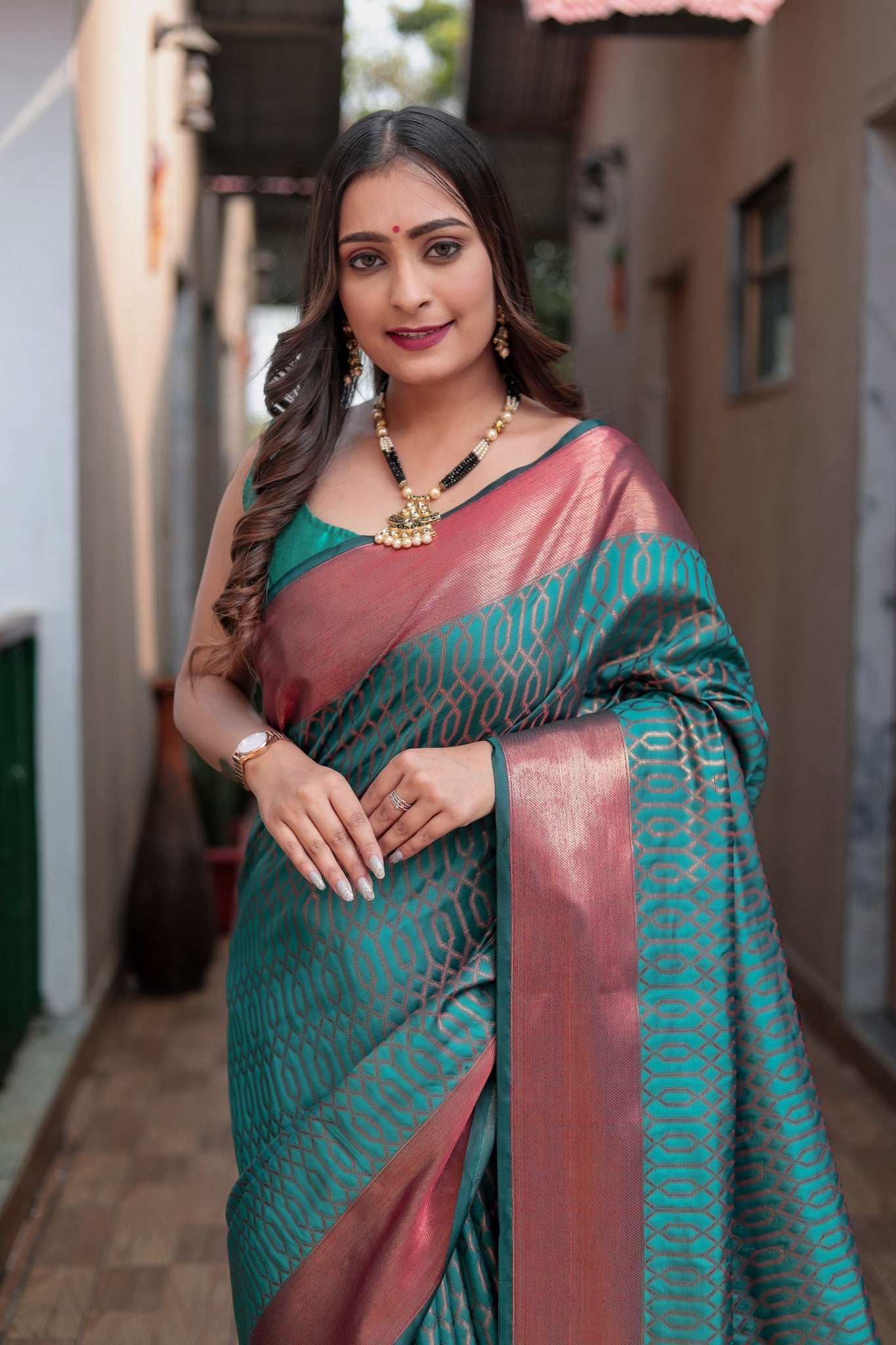 Turquoise Banarasi Silk Saree with Copper Zari