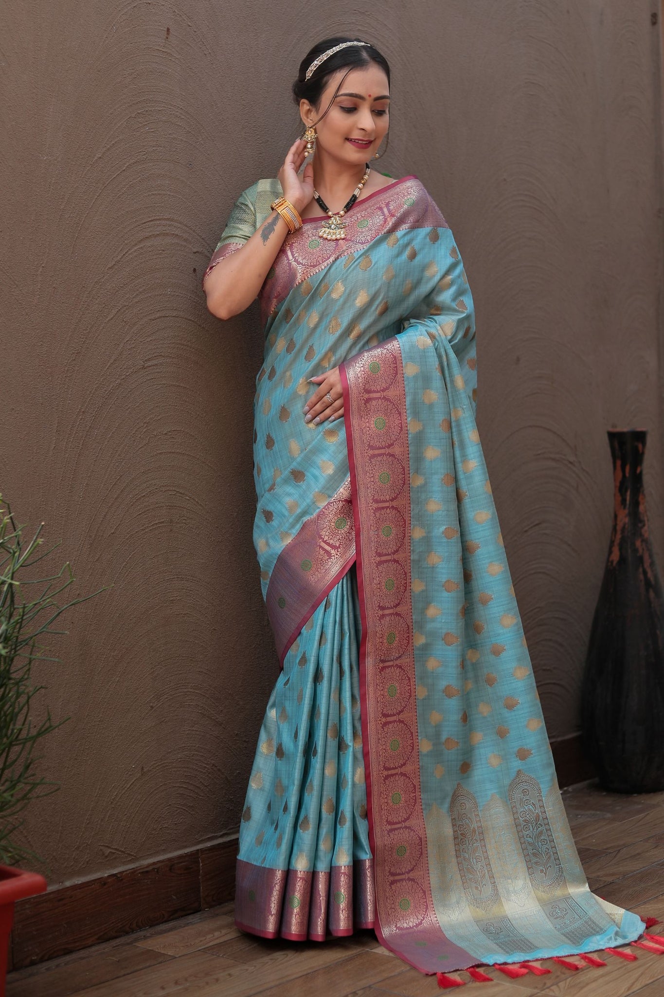 Turquoise Banarasi Katan Silk Saree with Golden Zari