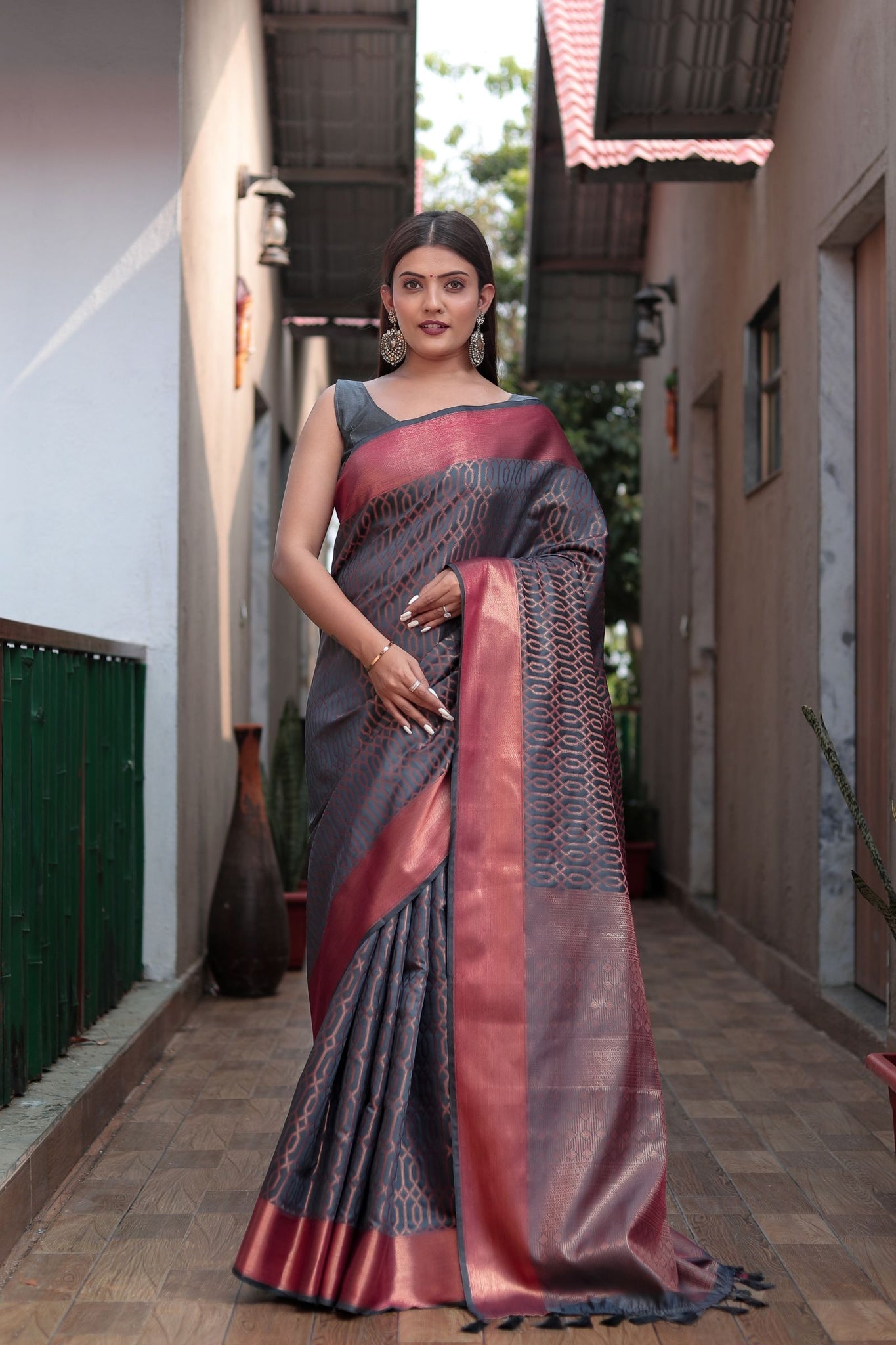 Grey Banarasi Silk Saree with Copper Zari