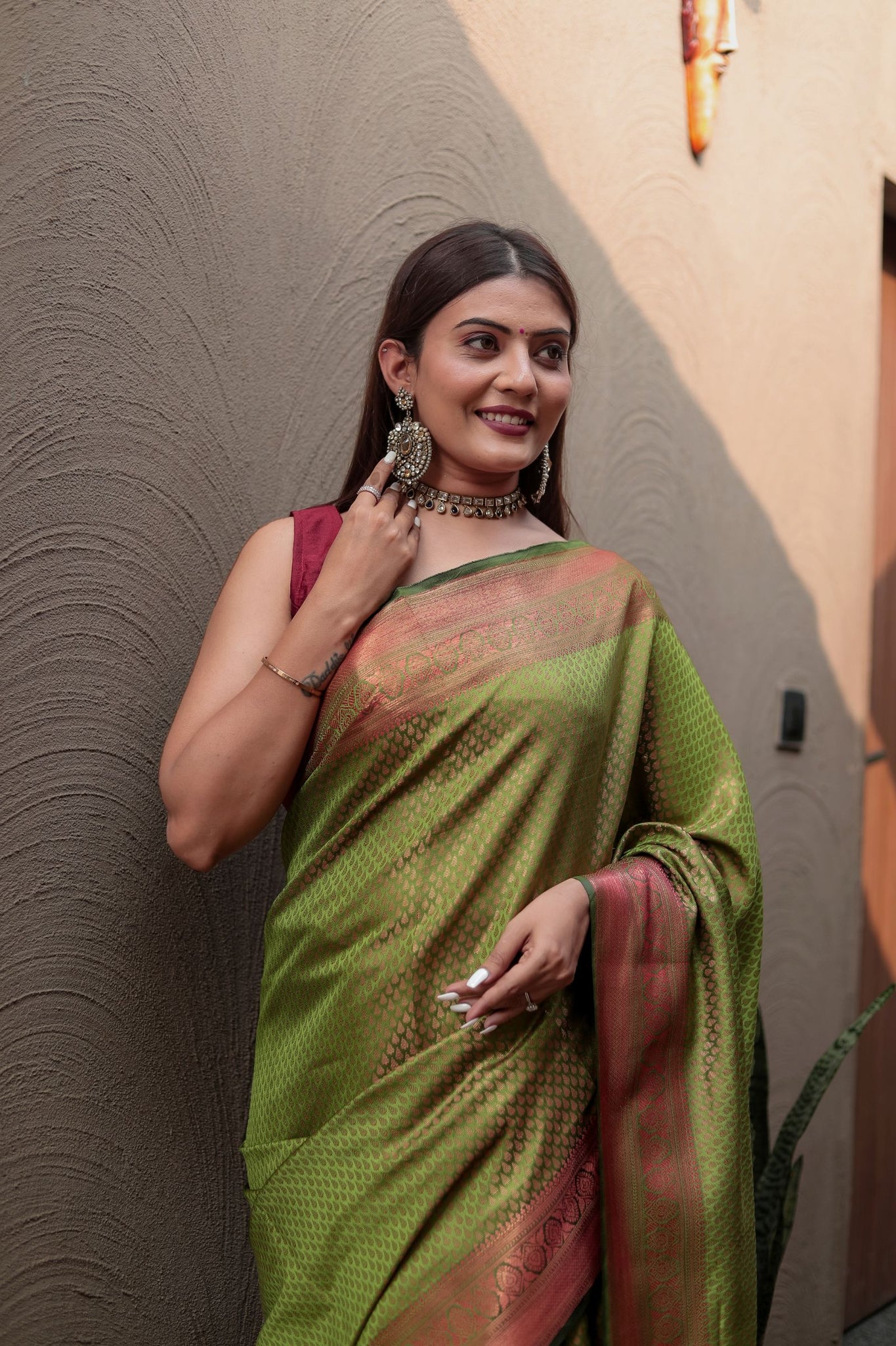 Mehndi Green Kanjivaram Silk Saree with Copper Zari
