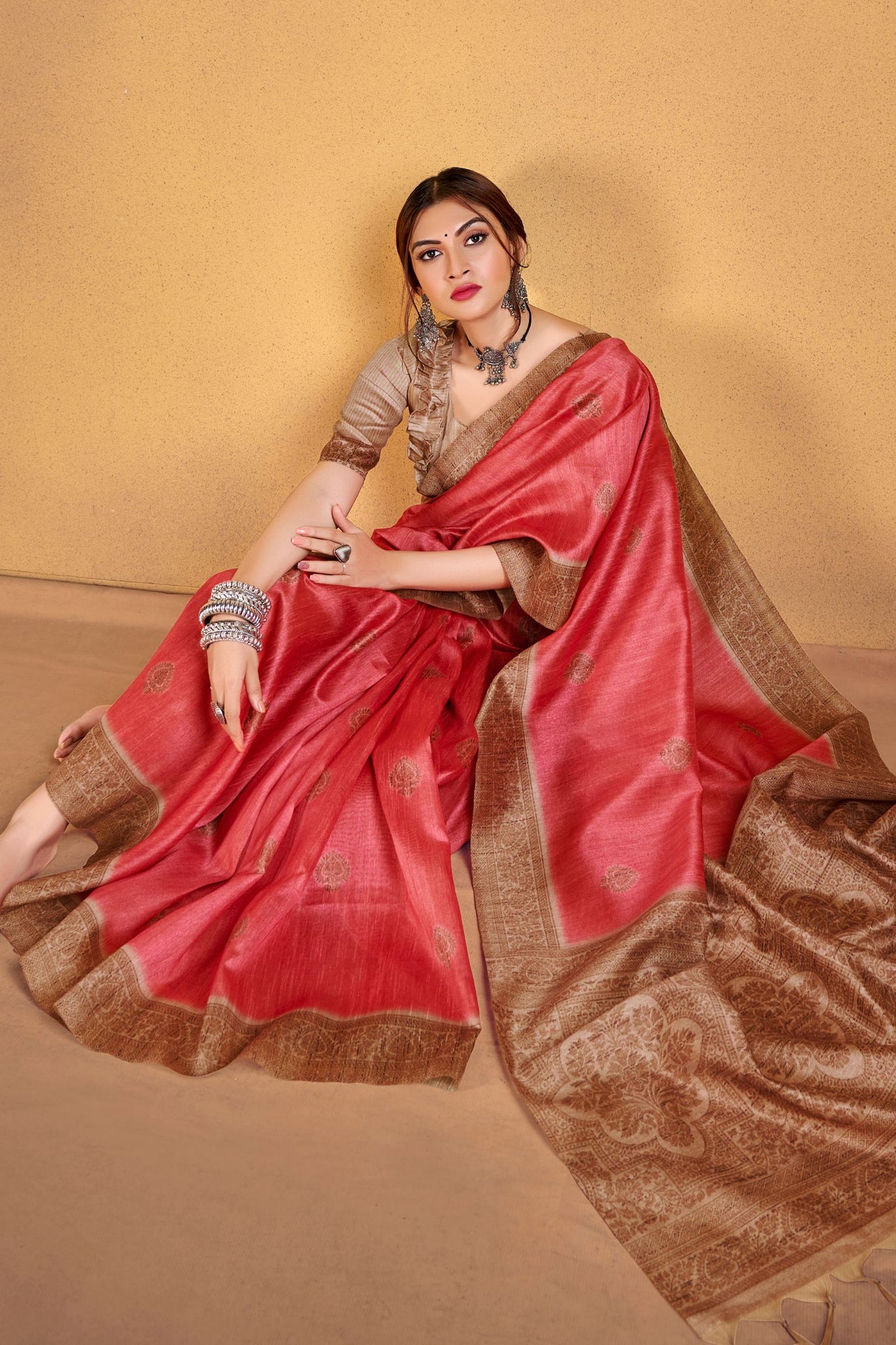 Carrot Red Cotton Saree with Traditional Pattern