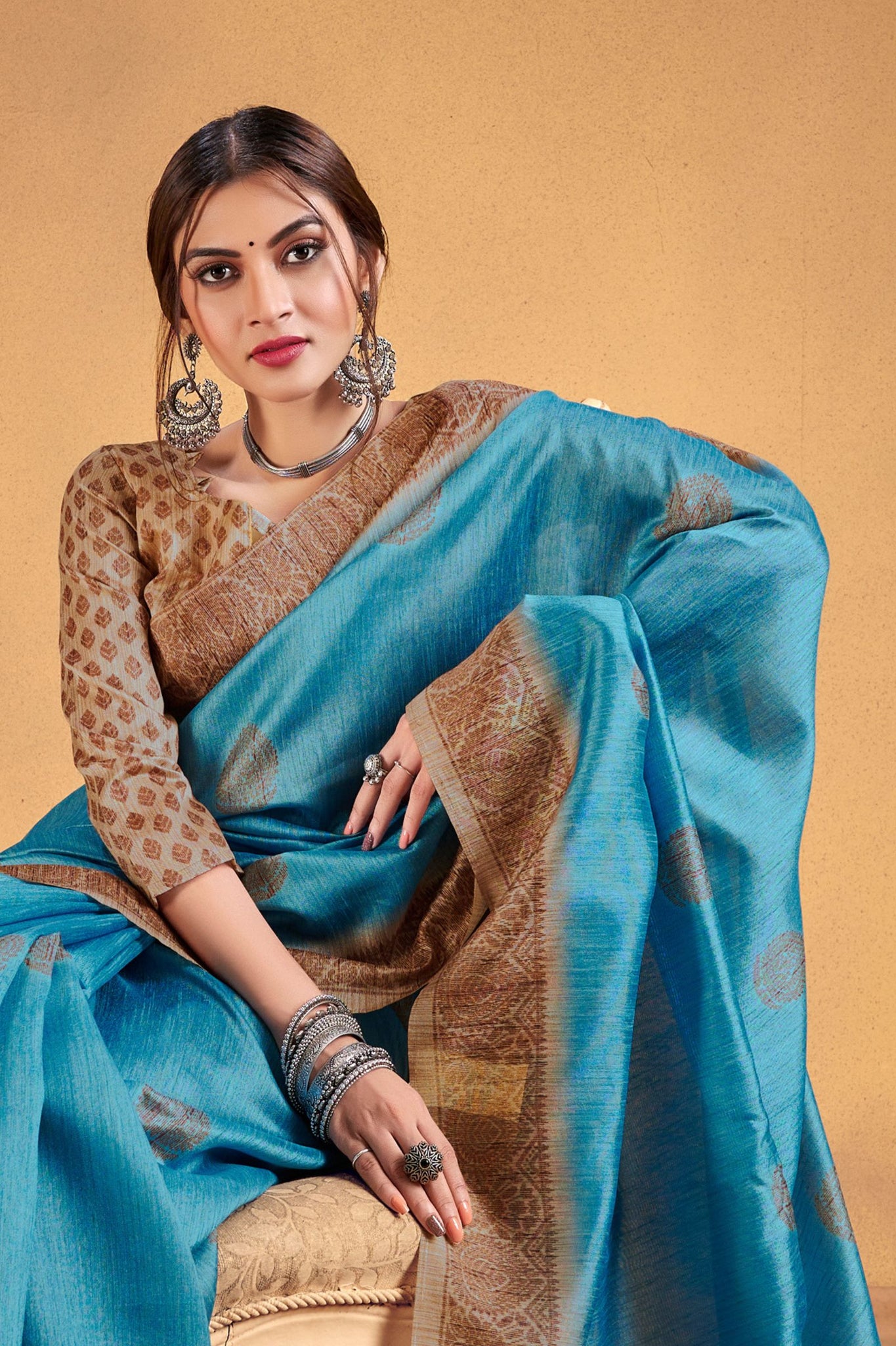 Sky Blue Cotton Saree with Traditional Pattern