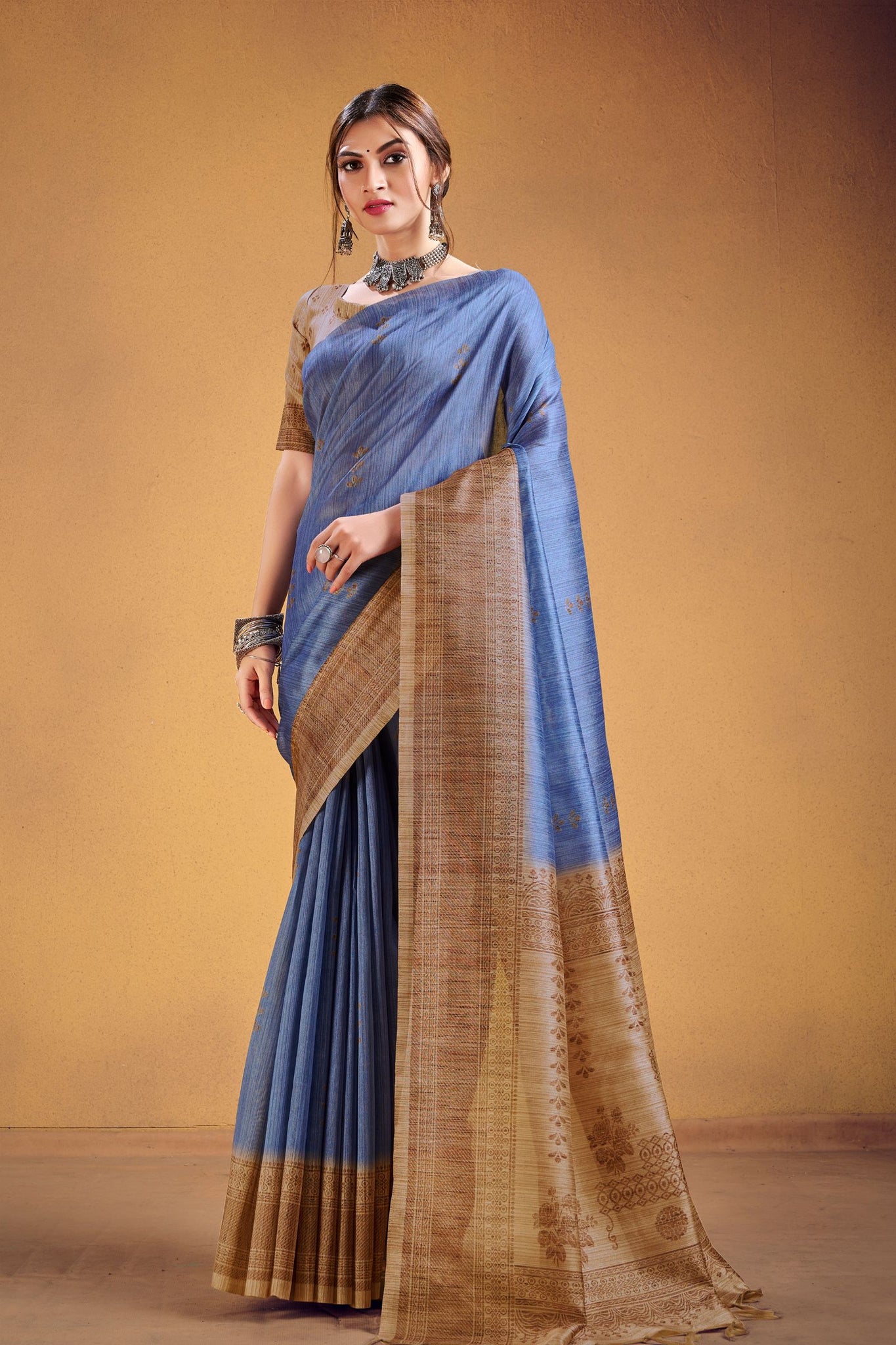 Soft Blue Cotton Saree with Traditional Pattern