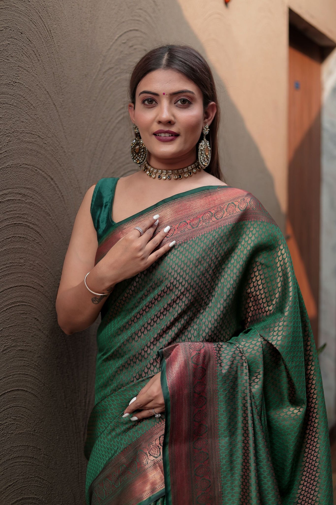 Dark Green Kanjivaram Silk Saree with Copper Zari