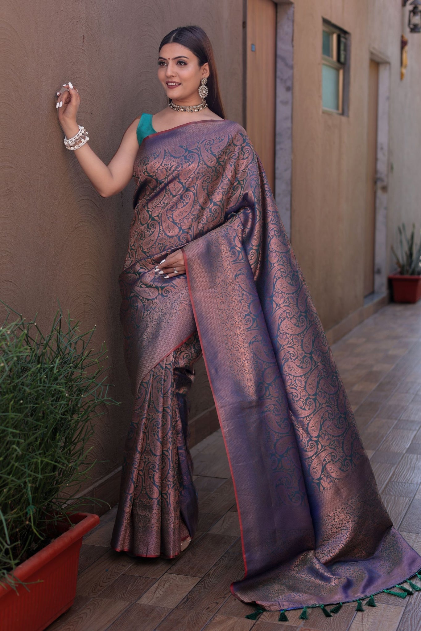 Copper Kanjivaram Silk Saree with Zari Weave