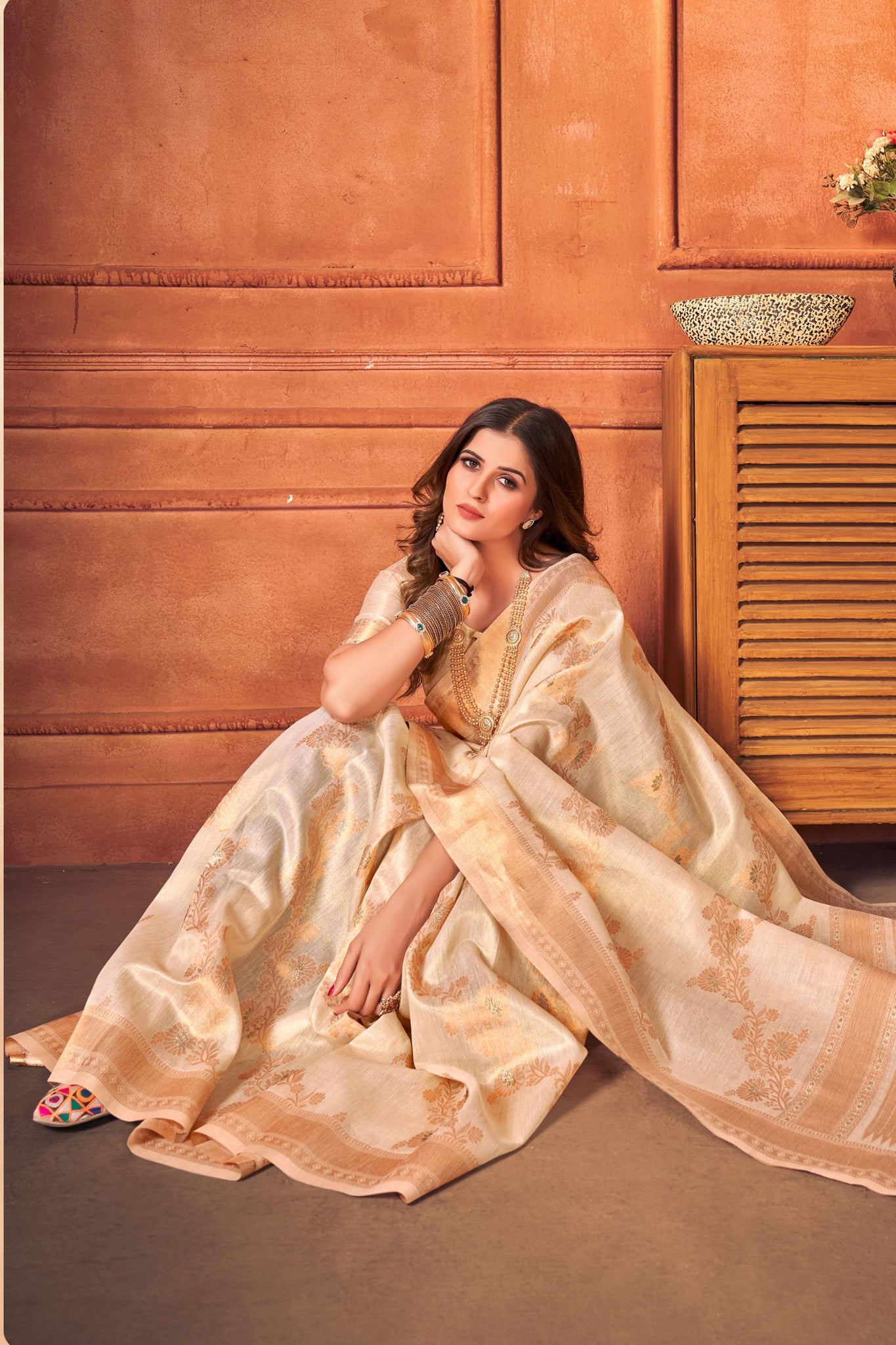 Ivory Tissue Silk Saree with Golden Zari