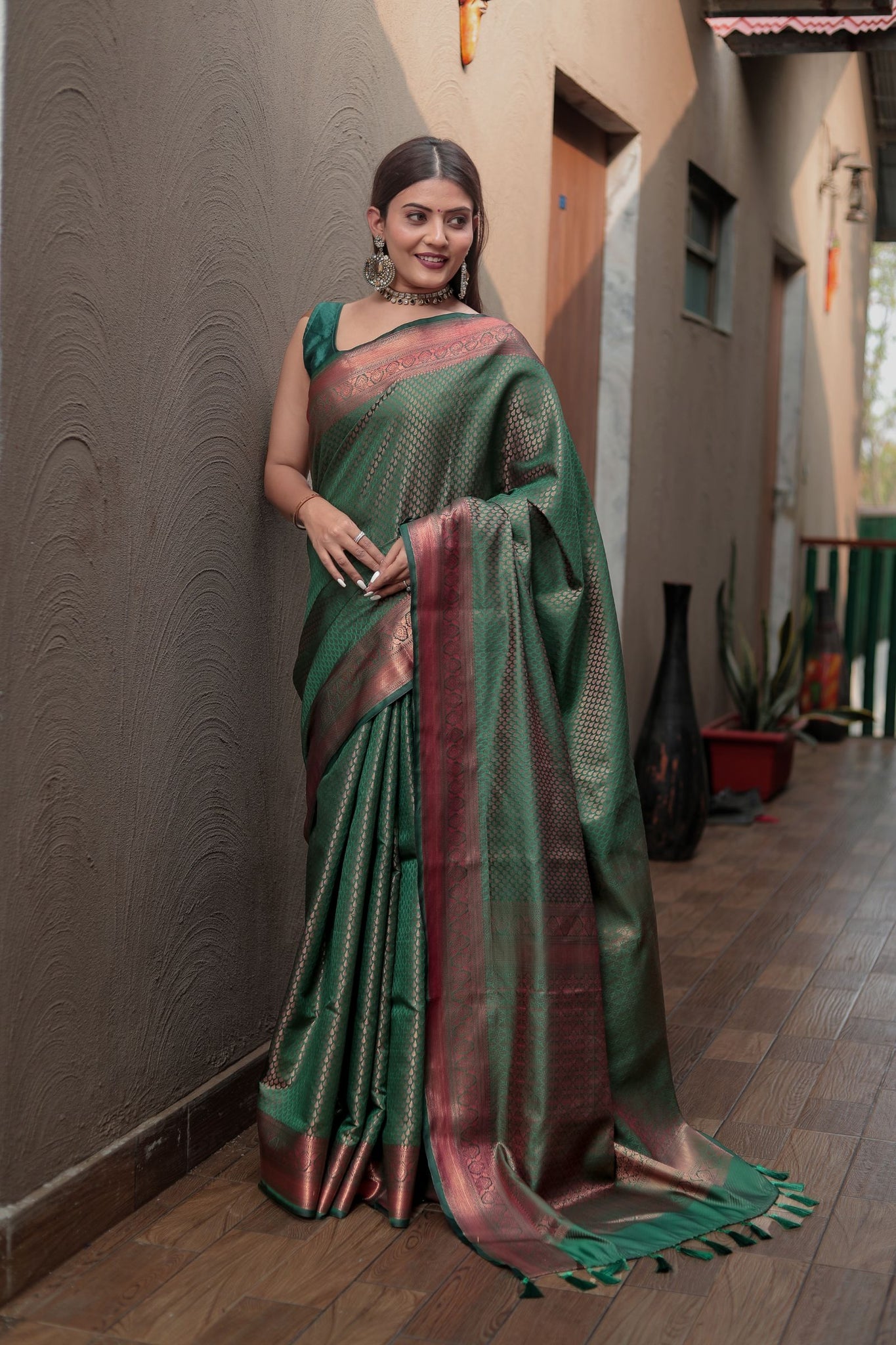 Dark Green Kanjivaram Silk Saree with Copper Zari