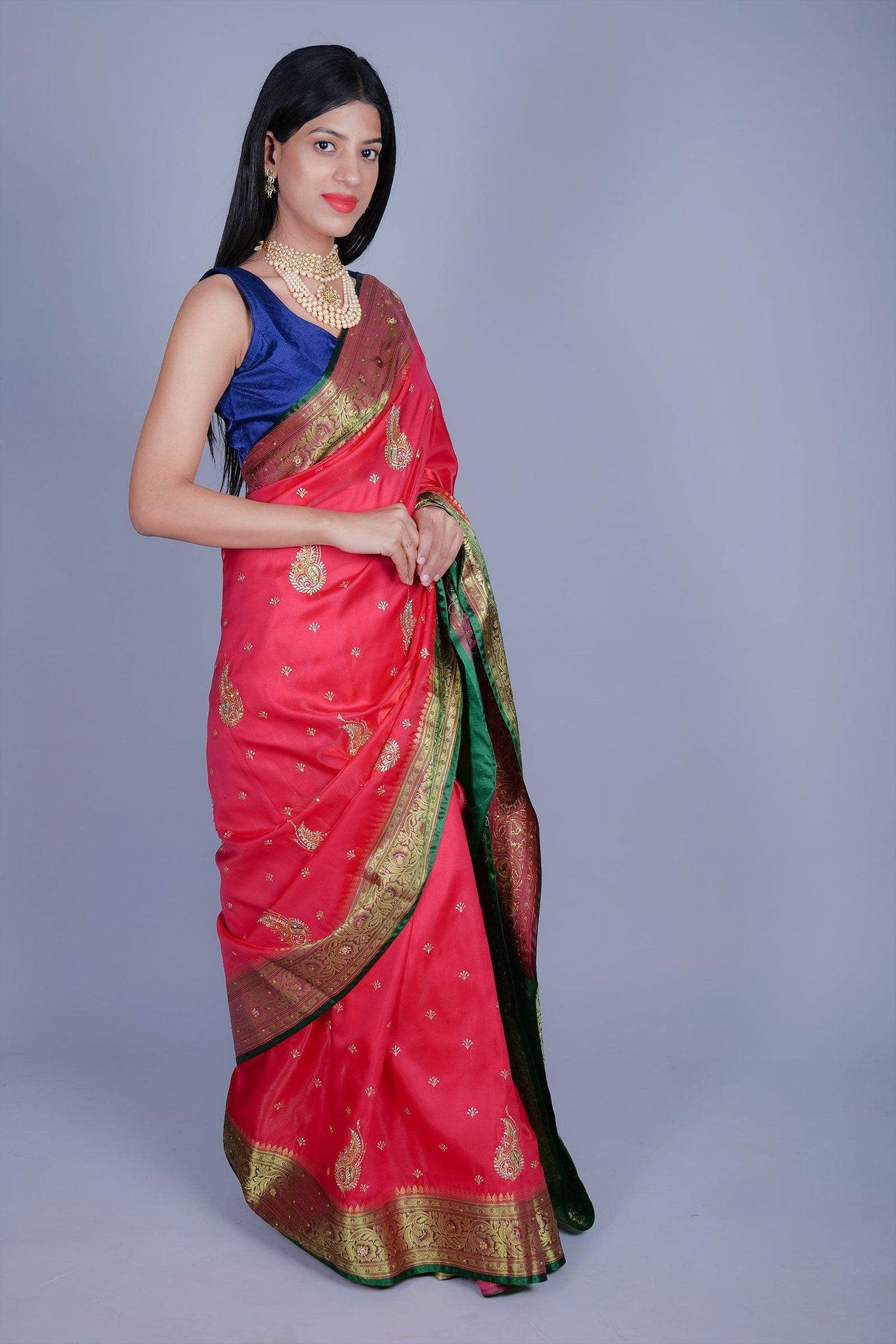 Cerise Red Traditional Banarasi Silk Handloom Saree - Iraah.Store